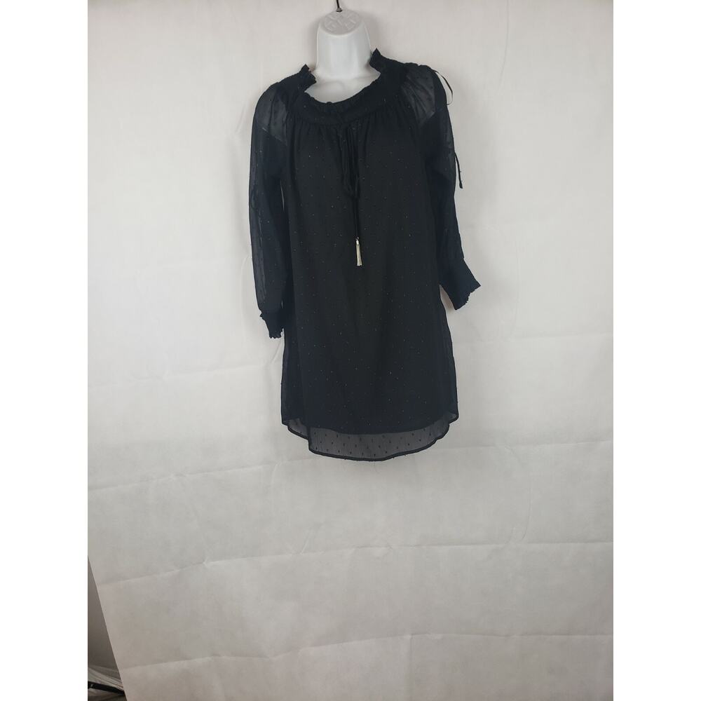 Zara Basic Women's Sheer Top L 30 Black Sparkle Embroidered Silver Metal Tassels
